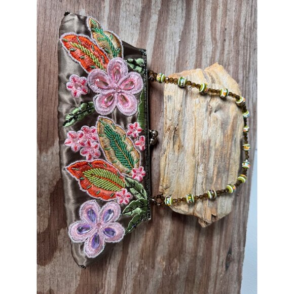 Floral Embroidered Satin Clutch Purse With Beaded Handle - Picture 3 of 8